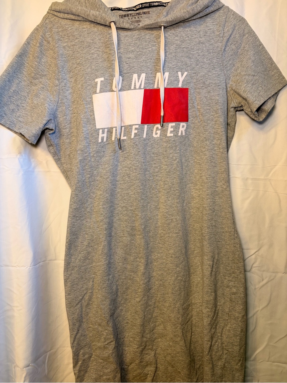Tommy Hilfiger Grey Short-Sleeve Hoodie Dress with Red & White Logo